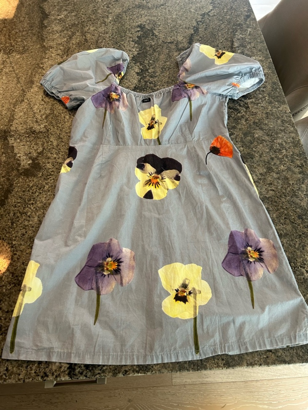Obey Redux Floral Puff Sleeve Dress - Blue with Purple and Yellow Accents  Large